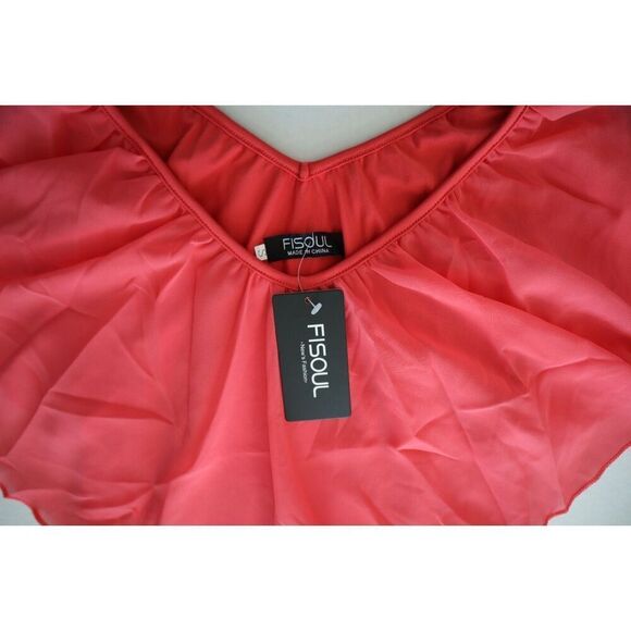 FISOUL Women's Sz Small Pink Ruffle V-Neck Flounce Chiffon Top Blouse - Picture 4 of 7